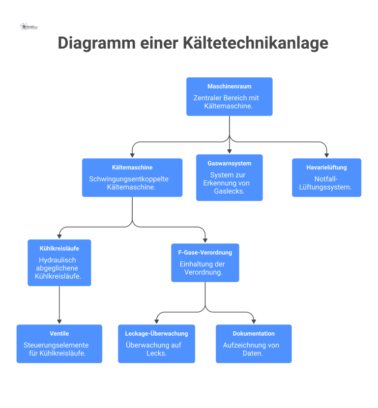 Diagramm einer Kältetechnikanlage Technisches Diagramm einer Kältetechnikanlage mit Maschinenraum, Kältemaschine, Gaswarnsystem, Kühlkreisläufen und Symbolen zur Einhaltung der F-Gase-Verordnung.