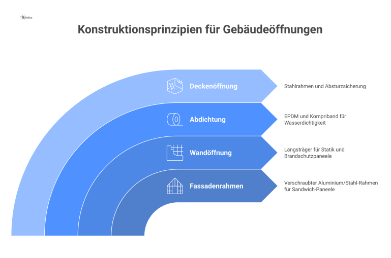 Technische Schnittzeichnung von Gebäudeöffnungen mit Fassadendetails wie Stahlrahmen, Sandwich-Paneelen, Brandschutz, Abdichtung und einer Absturzsicherung an der Deckenöffnung. 
