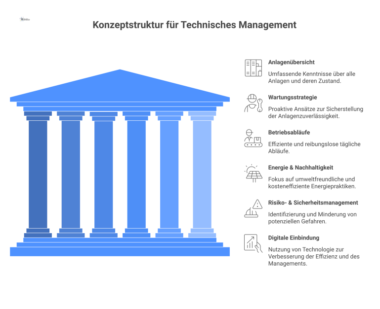 Eine Infografik, welche die Konzeptstruktur für technisches Management zeigt, mit einem zentralen Element umgeben von sechs verbundenen Kernkomponenten. 