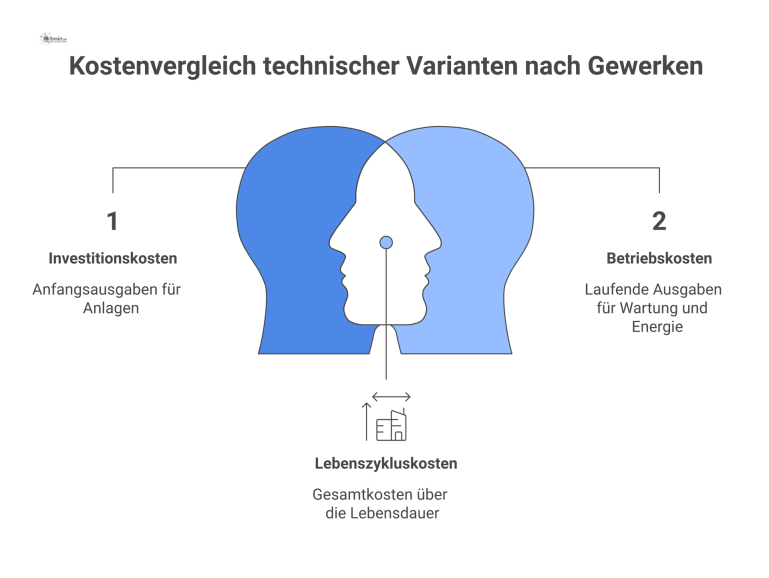 Kostenvergleich technischer Varianten nach Gewerken Gestapeltes Balkendiagramm eines Kostenvergleichs zweier Varianten nach Gewerken, unterteilt in Investitions-, Betriebs- und Entsorgungskosten.