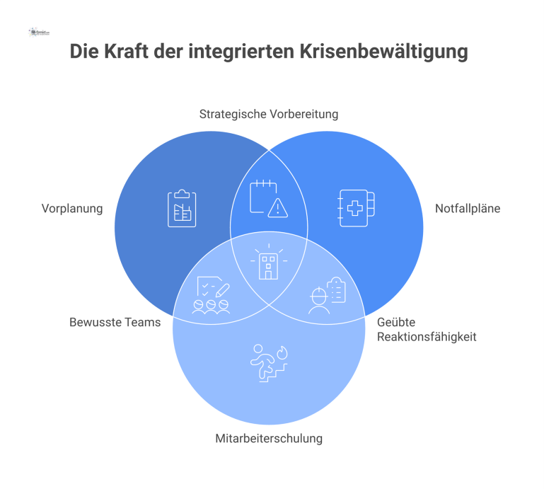Krisenmanagement im Technischen Facility Management Infografik, die den Prozess des Krisenmanagements in drei Säulen darstellt: Vorplanung mit Risikoanalyse, Notfallpläne und Mitarbeiterschulung.