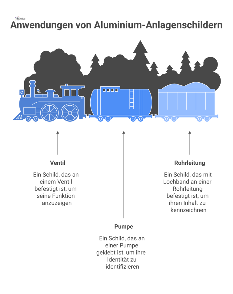Infografik zeigt ein Anlagenschild aus Aluminium in drei Anwendungen: an einem Ventil, einer Pumpe und einer Rohrleitung befestigt.