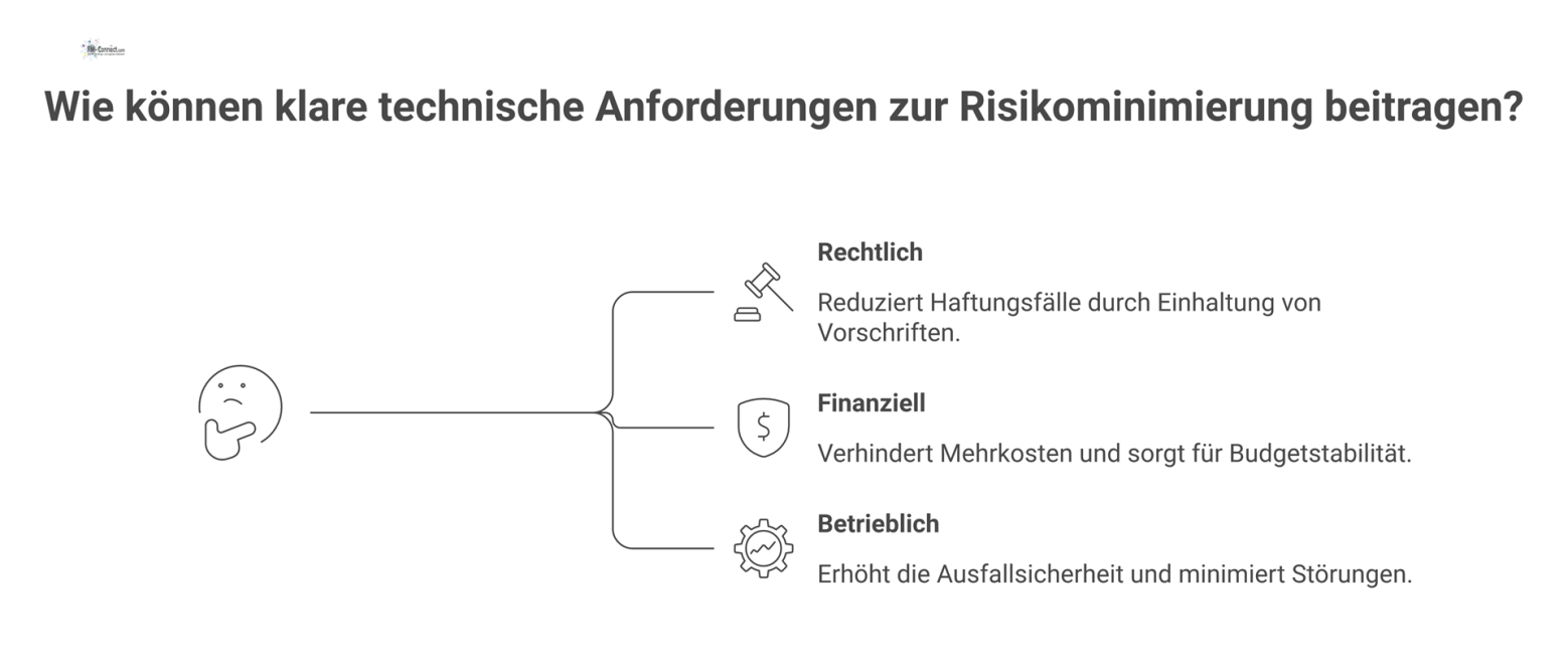Infografik-Diagramm, das zeigt, wie klare technische Anforderungen im Zentrum rechtliche, finanzielle und betriebliche Risiken wie Haftungsfälle und Störungen minimieren.