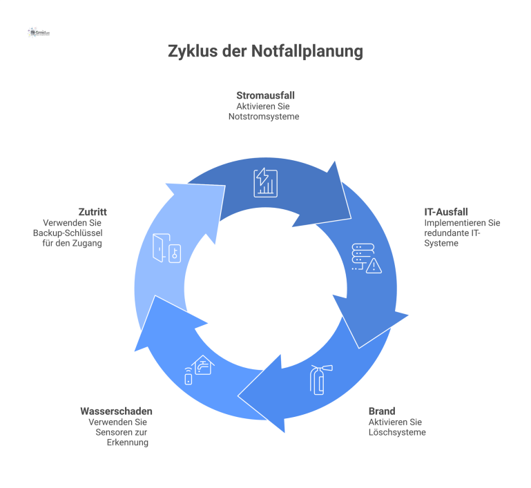 Infografik Notfallplanung mit fünf Gefahren Eine Infografik zur Notfallplanung zeigt einen zentralen Punkt, von dem fünf Pfade zu Gefahren wie Stromausfall und Brand führen