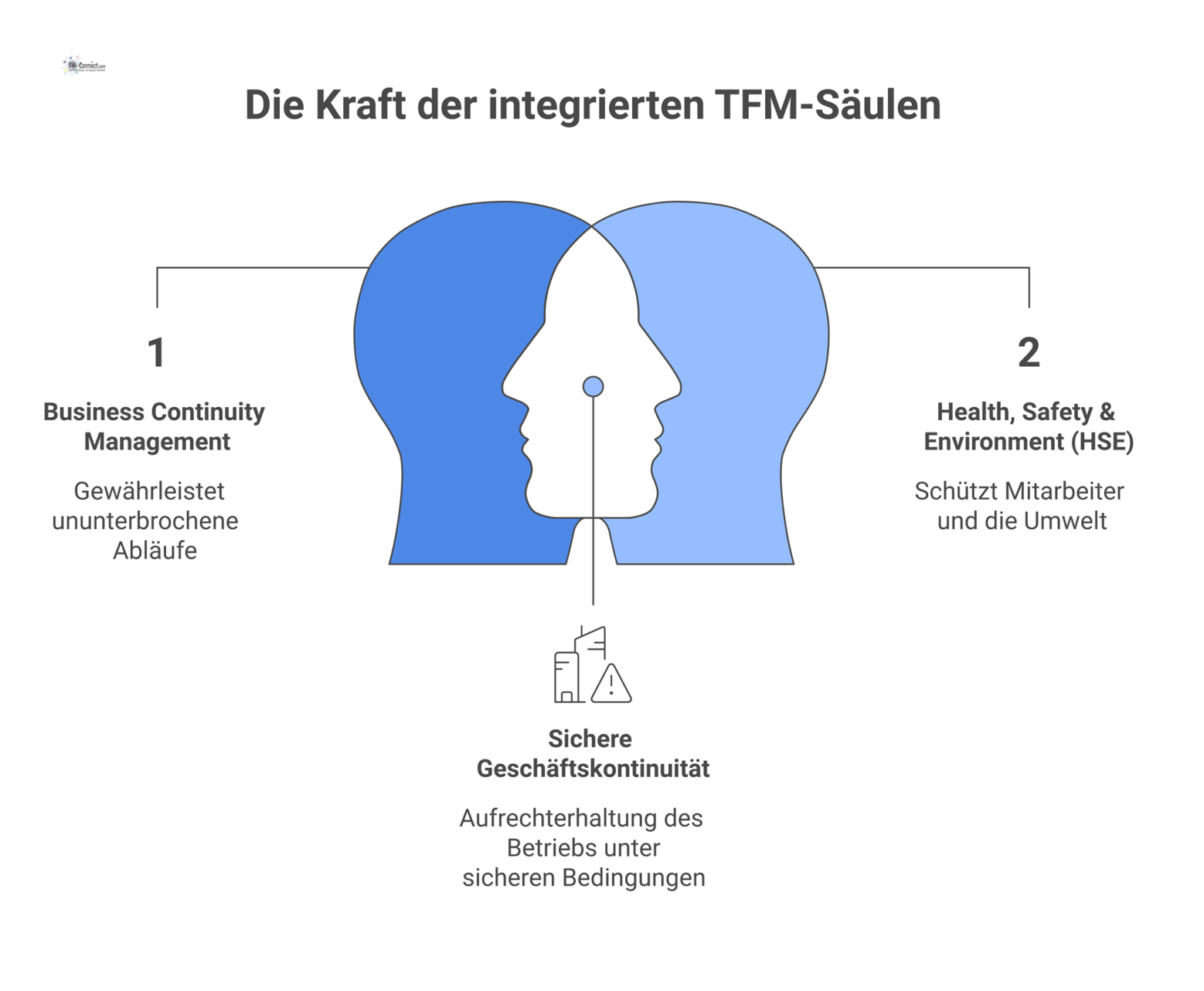 Diagramm eines zentralen Verbesserungsprozesses im TFM, gestützt von vier Säulen: BCM, HSE, digitale Systeme und Leistungsüberwachung.
