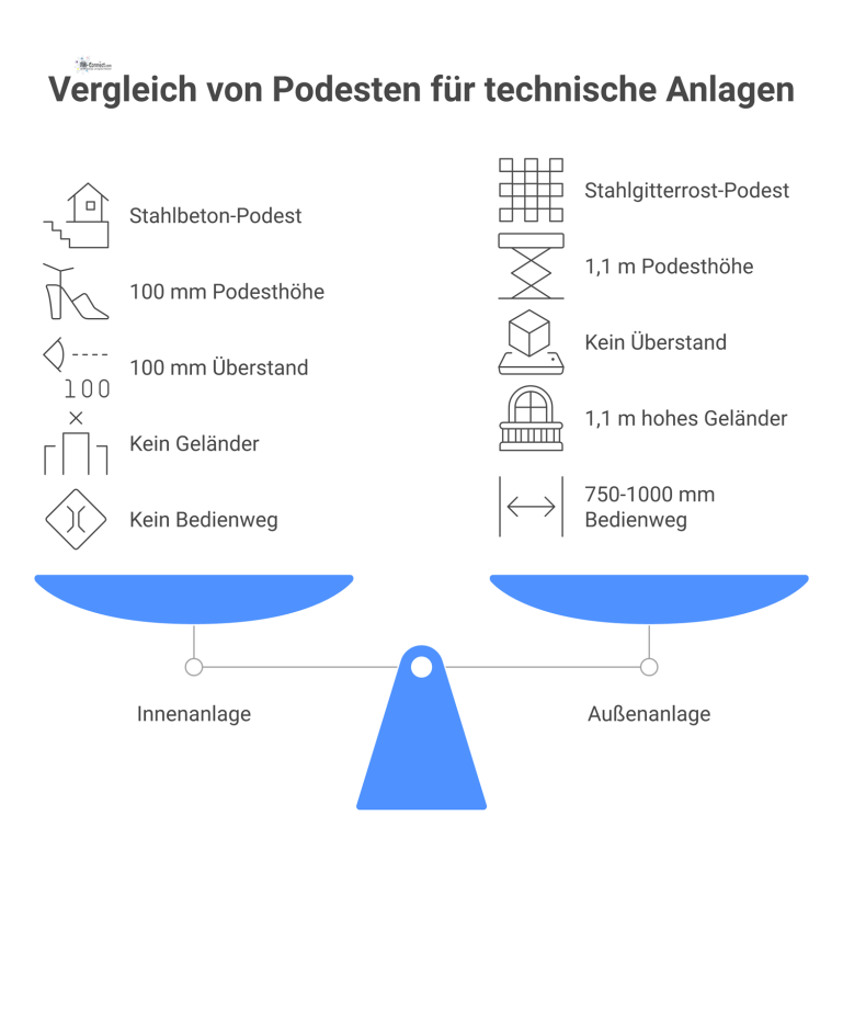 Vergleich von Podesten für technische Anlagen Technische Infografik, die ein Beton-Podest für Innenanlagen mit einem Stahlgitterrost-Podest für Außenanlagen mit Geländer und Bemaßungen vergleicht.