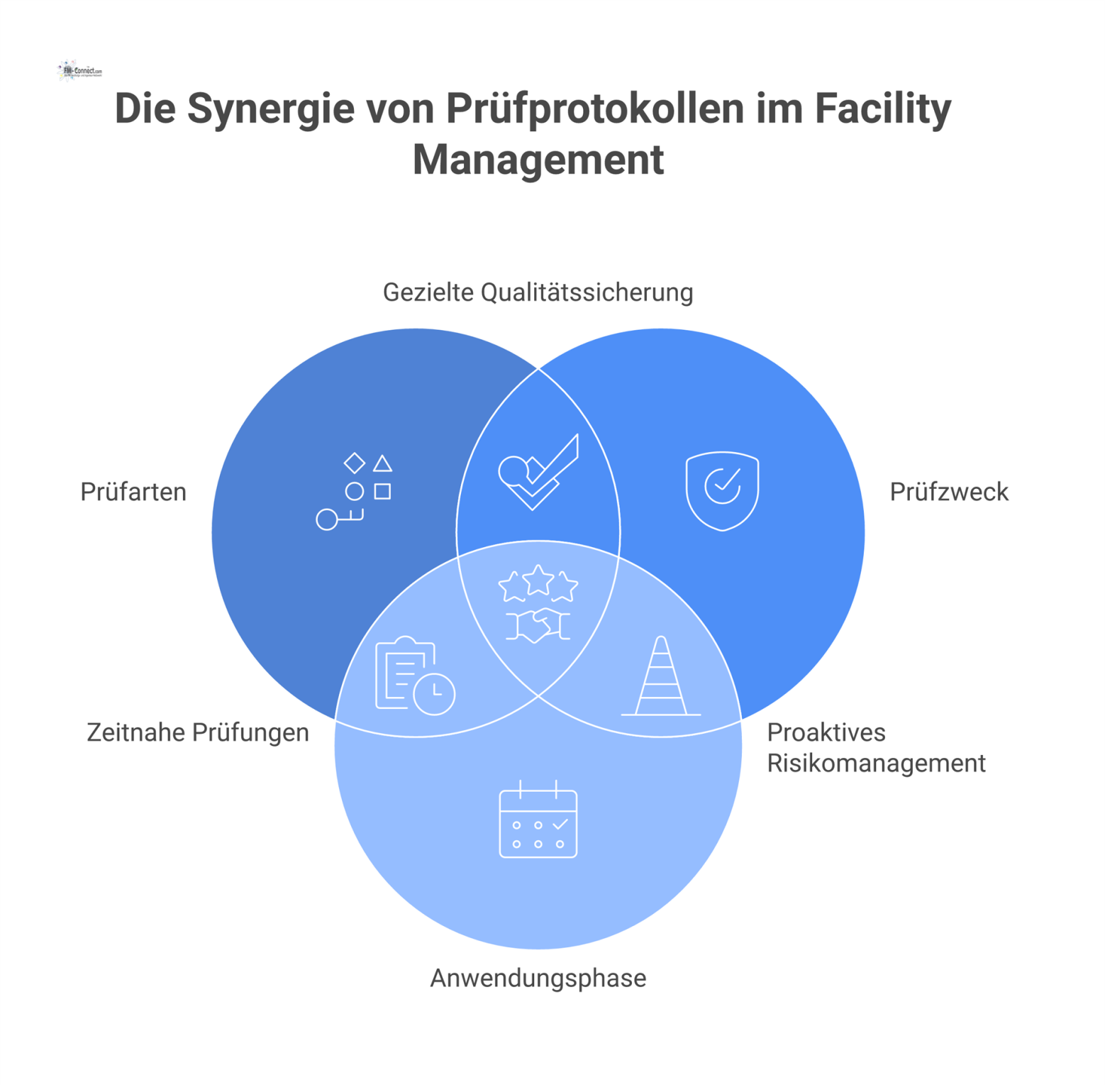Diagramm, das das zentrale Prüfprotokoll mit den vier Prüfarten Inbetriebnahme, Sicherheit, Funktion und Effizienz und deren Zweck verbindet.