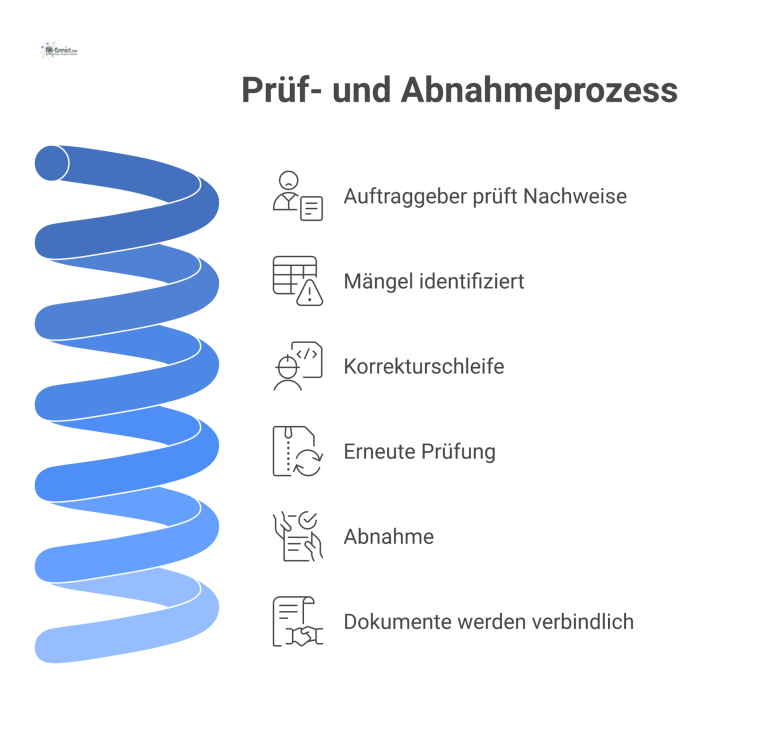 Flussdiagramm: Prüf- und Abnahmeprozess Flussdiagramm des Prüf- und Abnahmeprozesses, das die Schritte Prüfung, eine Korrekturschleife bei Mängeln und die finale Abnahme darstellt.