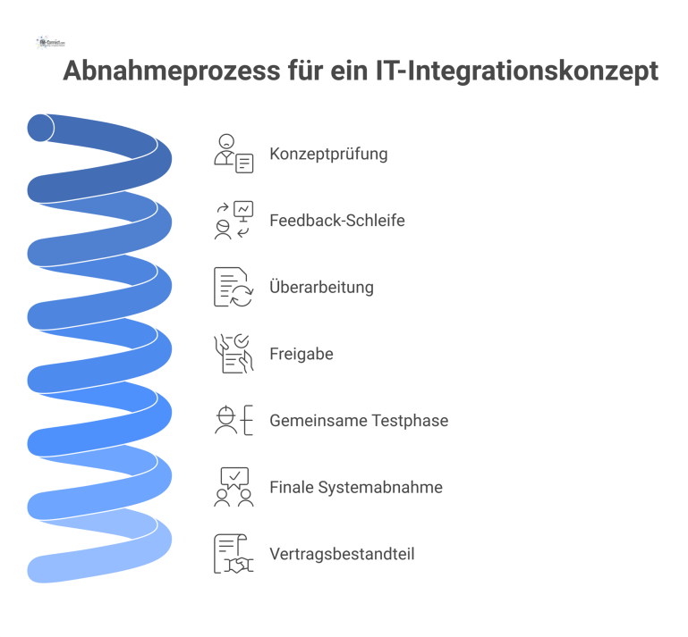 Abnahmeprozess für ein IT-Integrationskonzept Flussdiagramm, das den Abnahmeprozess eines IT-Integrationskonzepts zwischen Auftraggeber und Auftragnehmer von der Konzeptprüfung bis zur finalen Systemabnahme darstellt.