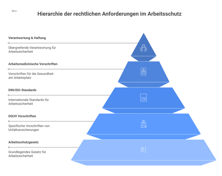 Hierarchie der rechtlichen Anforderungen im Arbeitsschutz Hierarchie-Diagramm der rechtlichen Anforderungen im Arbeitsschutz mit dem Arbeitsschutzgesetz als Fundament, drei Säulen und einem Dach der Verantwortlichkeit.