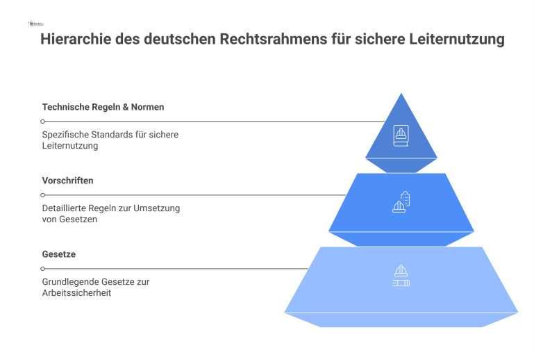 Deutscher Rechtsrahmen für sichere Leiternutzung Hierarchisches Strukturdiagramm des deutschen Rechtsrahmens für die sichere Nutzung von Leitern, gegliedert in Gesetze, Vorschriften und technische Regeln.
