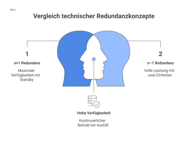 Infografik, die die drei technischen Redundanzkonzepte n+1, n-1 und 50 Prozent vergleicht und deren Leistungsfähigkeit bei einem Ausfall darstellt.