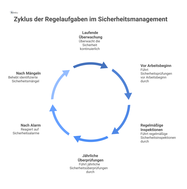 Mindmap mit dem zentralen Thema 'Regelaufgaben im Sicherheitsmanagement' und den dazugehörigen Auslösern wie 'Jährlich', 'Nach Alarm' und 'Laufend'.