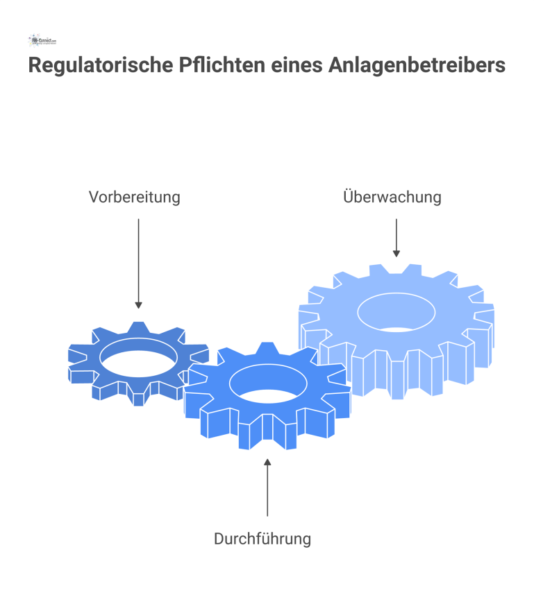 Regulatorische Pflichten eines Anlagenbetreibers Ein Prozessflussdiagramm der regulatorischen Pflichten eines Anlagenbetreibers in den drei Phasen Vorbereitung, Durchführung und Überwachung mit wichtigen Schlüsselelementen.