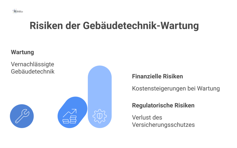 Risiken der Gebäudetechnik-Wartung Infografik zu Risiken der Gebäudetechnik-Wartung, die finanzielle Risiken durch Herstellerbindung und regulatorische Risiken durch strenge Prüfpflichten aufzeigt.