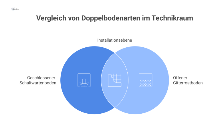 Doppelböden im Technikraum Querschnitt Technische 3D-Infografik eines Technikraums im Querschnitt mit zwei Arten von Doppelböden über einer Installationsebene mit sichtbaren Kabeln.