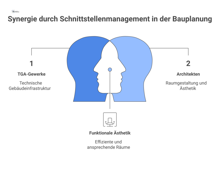 Schnittstellenmanagement in der integralen Bauplanung Diagramm zum Schnittstellenmanagement mit einem zentralen BIM-Gebäudemodell, das die Vernetzung von TGA-Gewerken, Architekten und Fachplanern zeigt.