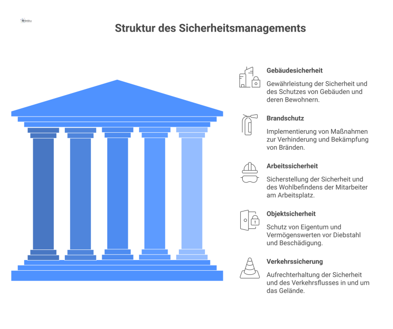 Diagramm zum Sicherheits- und Notfallmanagement Hub-and-Spoke-Diagramm für Gebäudesicherheit mit vier Ästen: Brandschutz, Arbeitssicherheit, Objektsicherheit und Verkehrssicherung, jeweils mit Beispielen für Prüfungen und deren Intervalle.