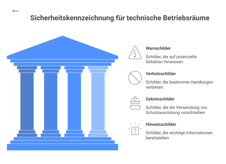 Strukturschema der Sicherheitskennzeichnung für Betriebsräume mit vier Kategorien: Warnschilder, Verbotsschilder, Gebotsschilder und Hinweisschilder inklusive Piktogramm-Beispielen. 