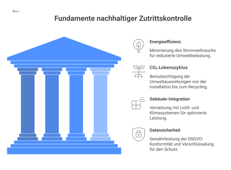 Vier Säulen nachhaltiger Zutrittskontrolle Infografik der vier Säulen für nachhaltige Zutrittskontrolle: Energieeffizienz, CO₂-Lebenszyklus, Gebäude-Integration und Datensicherheit, die Nachhaltigkeit stützen.