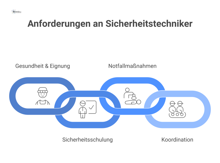 Anforderungen an Techniker für Sicherheitssysteme Infografik eines Technikers umgeben von den vier Kernkompetenzen: Gesundheit, Sicherheitsschulung, Notfallmaßnahmen und Koordination, jeweils mit einem Icon dargestellt.