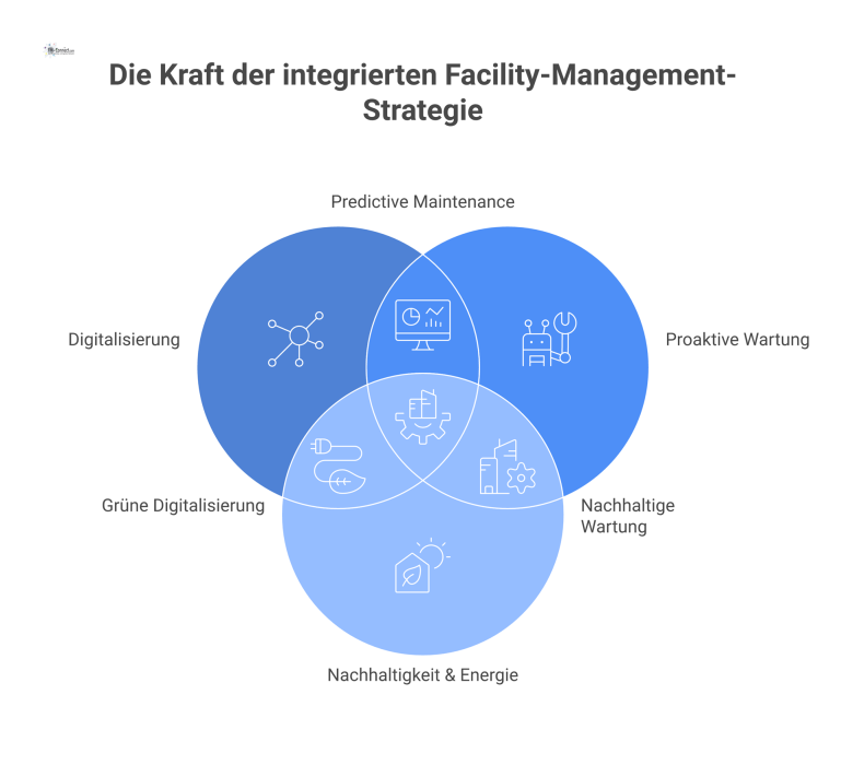 Strategie für Technisches Facility Management Ein vernetztes Diagramm der Strategie für Technisches Facility Management mit fünf Säulen, die das Kerngeschäft in einem Gebäude umgeben.