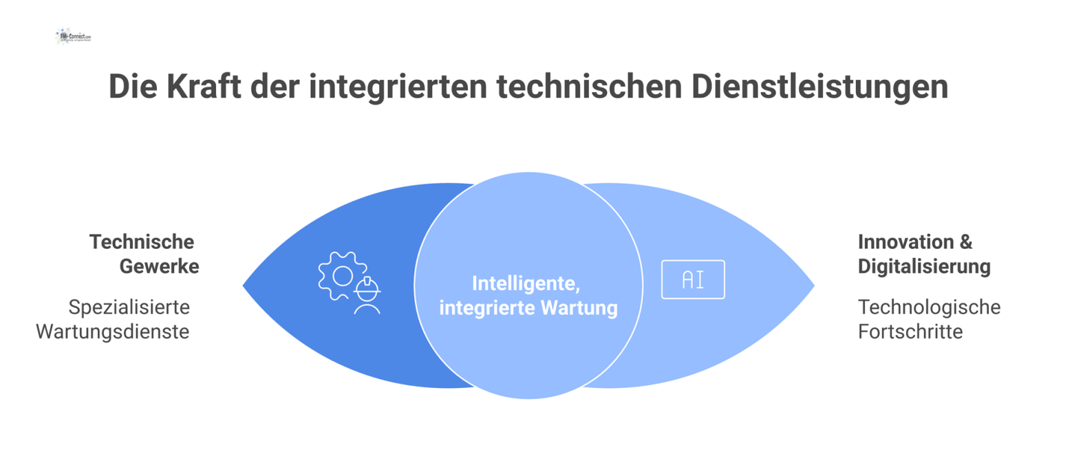 Hub-and-Spoke-Diagramm mit dem zentralen TTS-Leitstand, der mit verschiedenen technischen Gewerken wie HLK, Elektrotechnik und Sicherheit verbunden ist.