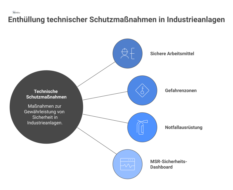 Technische Schutzmaßnahmen in Industrieanlagen Isometrische Infografik einer Industrieanlage mit technischen Schutzmaßnahmen wie Schutzgittern, markierten Gefahrenzonen, Notfallausrüstung und einem MSR-Sicherheits-Dashboard.