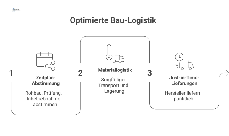 Prozessdiagramm: Logistik und Terminkoordination am Bau Prozessdiagramm, das den Ablauf von Zeitplan-Abstimmung, Materiallogistik und Just-in-Time-Lieferungen am Bau zur Vermeidung von Verzögerungen visualisiert.