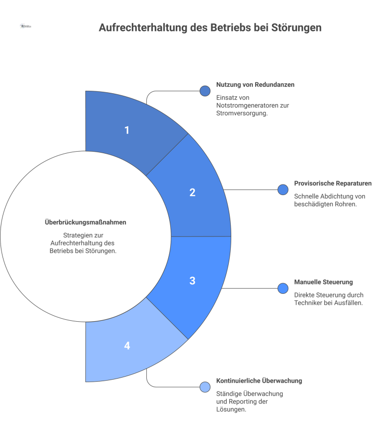 Überbrückungsmaßnahmen bei Betriebsstörungen Infografik über vier Kernstrategien zur Betriebsaufrechterhaltung bei Störungen: Redundanzen, provisorische Reparaturen, manuelle Steuerung und kontinuierliche Überwachung.