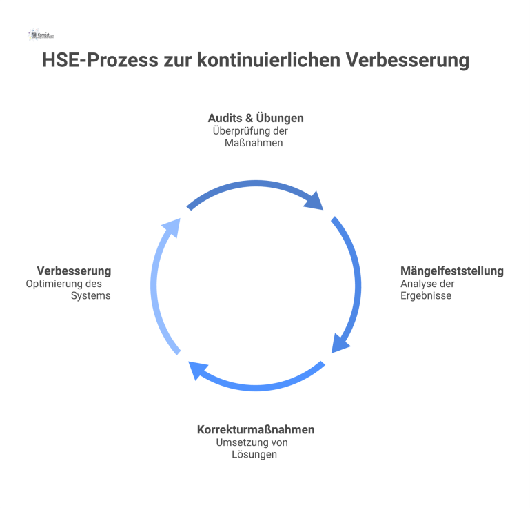 HSE-Prozess zur kontinuierlichen Verbesserung Ein Kreislaufdiagramm, das den HSE-Prozess in vier Phasen zeigt: Audits, Mängelfeststellung, Korrekturmaßnahmen und Verbesserung in einem Zyklus.