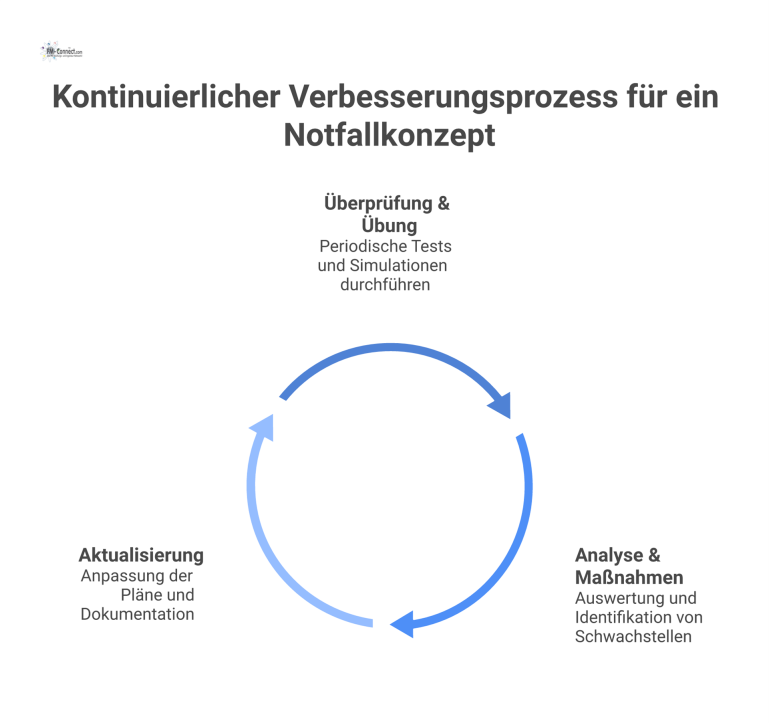 Kontinuierlicher Verbesserungsprozess für ein Notfallkonzept Ein Kreislaufdiagramm, das den kontinuierlichen Verbesserungsprozess für ein Notfallkonzept mit den Phasen Überprüfung, Analyse und Aktualisierung visualisiert.