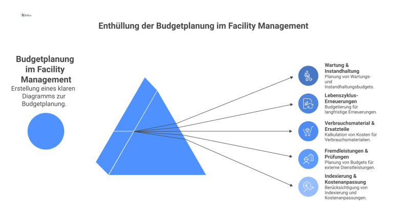 Budgetplanung im technischen Facility Management Infografik zur Budget- und Prognoseplanung im Facility Management mit den fünf Hauptbereichen Wartung, Lebenszyklus, Verbrauchsmaterial, Fremdleistungen und Indexierung.