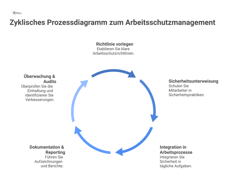 Ein zyklisches Prozessdiagramm, das den Fünf-Phasen-Kreislauf des Arbeitsschutzmanagements mit den Schritten Richtlinie, Unterweisung, Integration, Dokumentation und Überwachung darstellt.