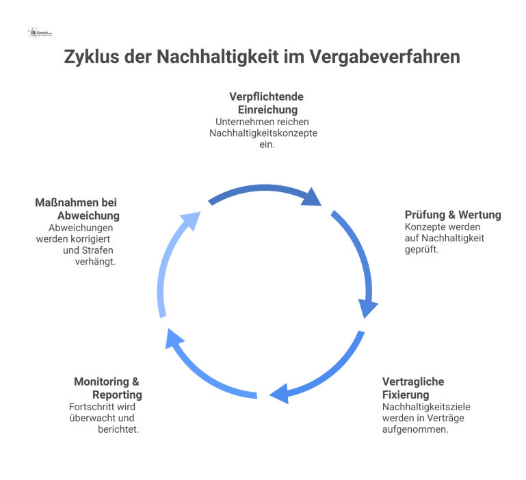 Flussdiagramm: Nachhaltigkeit im Vergabeverfahren Ein Prozess-Flussdiagramm, das die fünf Phasen eines Nachhaltigkeitskonzepts im Vergabeverfahren zeigt: Einreichung, Prüfung, Fixierung, Monitoring und Maßnahmen bei Abweichung.