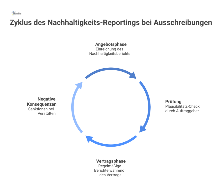 Flussdiagramm: Nachhaltigkeits-Reporting bei Ausschreibungen Flussdiagramm zum Prozess des Nachhaltigkeits-Reportings in drei Phasen: Angebot, Prüfung und Vertrag, inklusive Warnsymbolen für negative Konsequenzen bei Verstößen.
