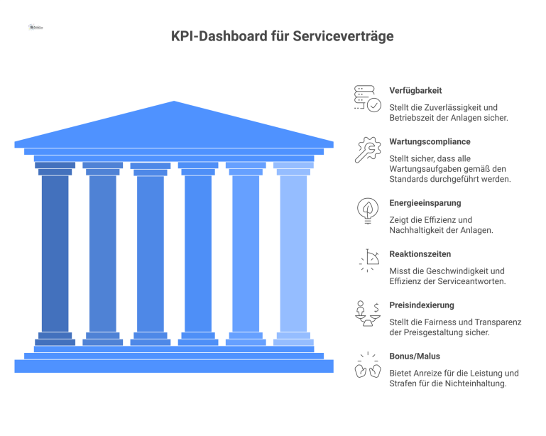 KPI Dashboard für einen Servicevertrag Dashboard-Infografik zu KPIs eines Servicevertrags mit Icons für Ziele, einer Vergleichstabelle für Reaktionszeiten und einem Kreisdiagramm zur Preisindexierung.