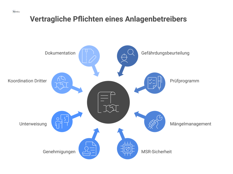 Infografik mit einem zentralen Icon für Betreiberpflichten, umgeben von acht Icons, die die Hauptaufgaben wie Gefährdungsbeurteilung und Dokumentation darstellen.
