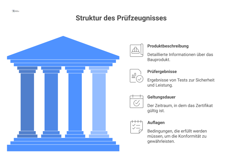 Infografik: Allgemeines bauaufsichtliches Prüfzeugnis Infografik, die ein bauaufsichtliches Prüfzeugnis im Zentrum darstellt, verbunden mit Icons für Produktbeschreibung, Prüfergebnisse, Geltungsdauer und Auflagen.