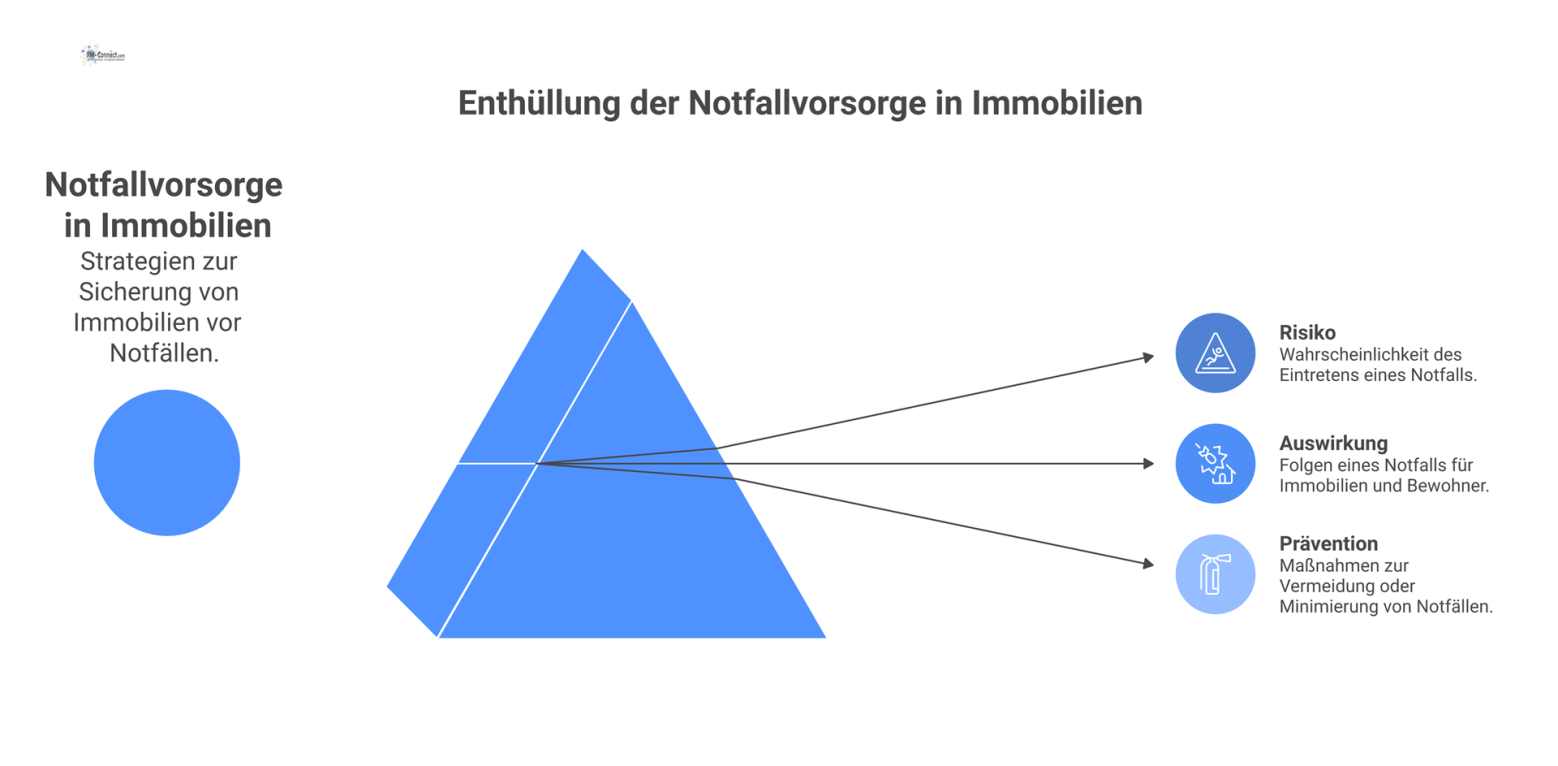 Dreispaltiges Diagramm zur Notfallvorsorge, das vier Szenarien wie Stromausfall und Brand mit ihren Auswirkungen und technischen Präventivmaßnahmen verknüpft.