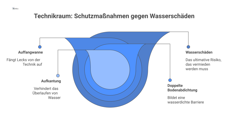 Technikraum: Schutzmaßnahmen gegen Wasserschäden Technisches Querschnitt-Diagramm eines Technikraums mit Schutzmaßnahmen gegen Wasserschäden, wie einer wannenförmigen, doppelten Bodenabdichtung mit Aufkantung.