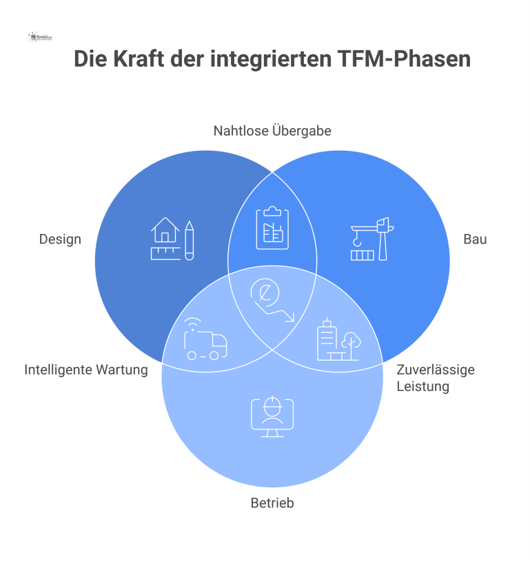 Ganzheitliches Technisches Facility Management Diagramm, das die Synergie der Phasen Design, Bau und Betrieb im Facility Management zur Kostensenkung und Wertsteigerung darstellt.