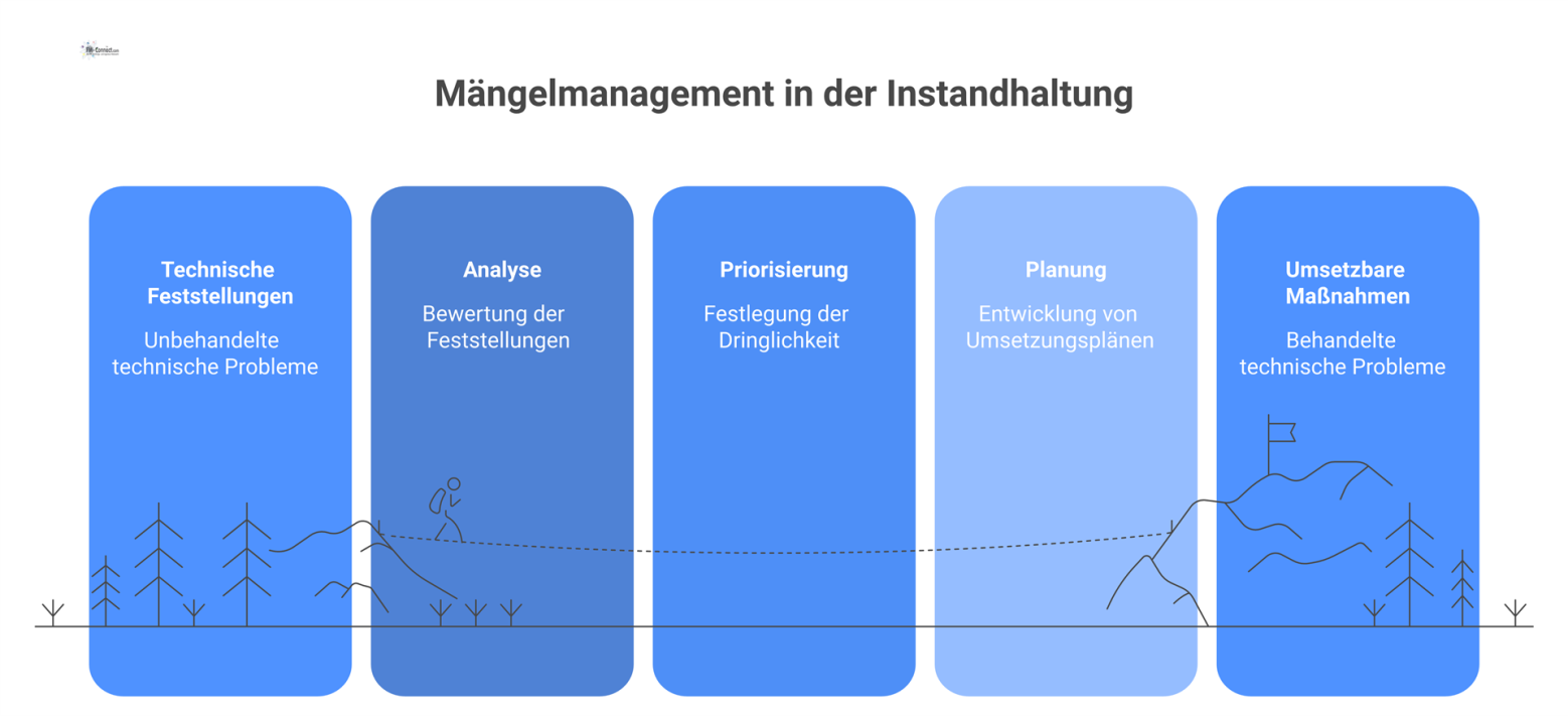 Prozessdiagramm, das den Mängelmanagement-Prozess als Brücke von der technischen Feststellung bis zur umsetzbaren Maßnahme visualisiert. 