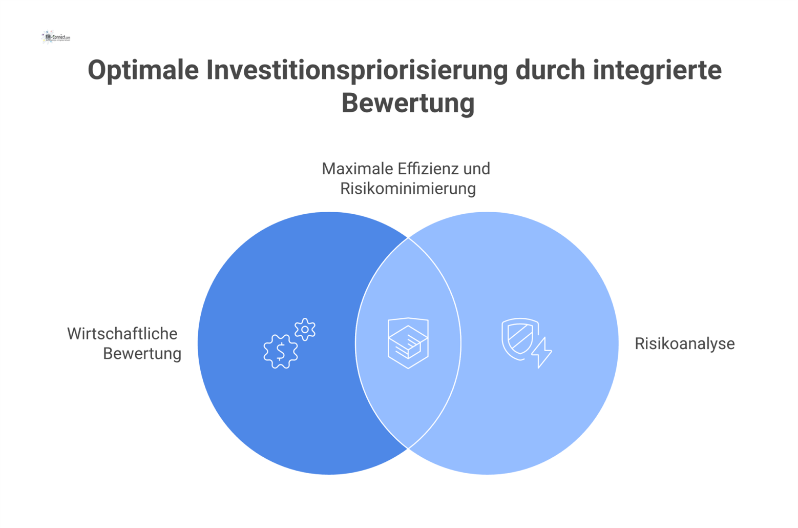 Diagramm mit zwei parallelen Prozessen, wirtschaftliche Bewertung und Risikoanalyse, die zur Priorisierung von Investitionen zur Effizienzmaximierung und Risikominimierung führen.
