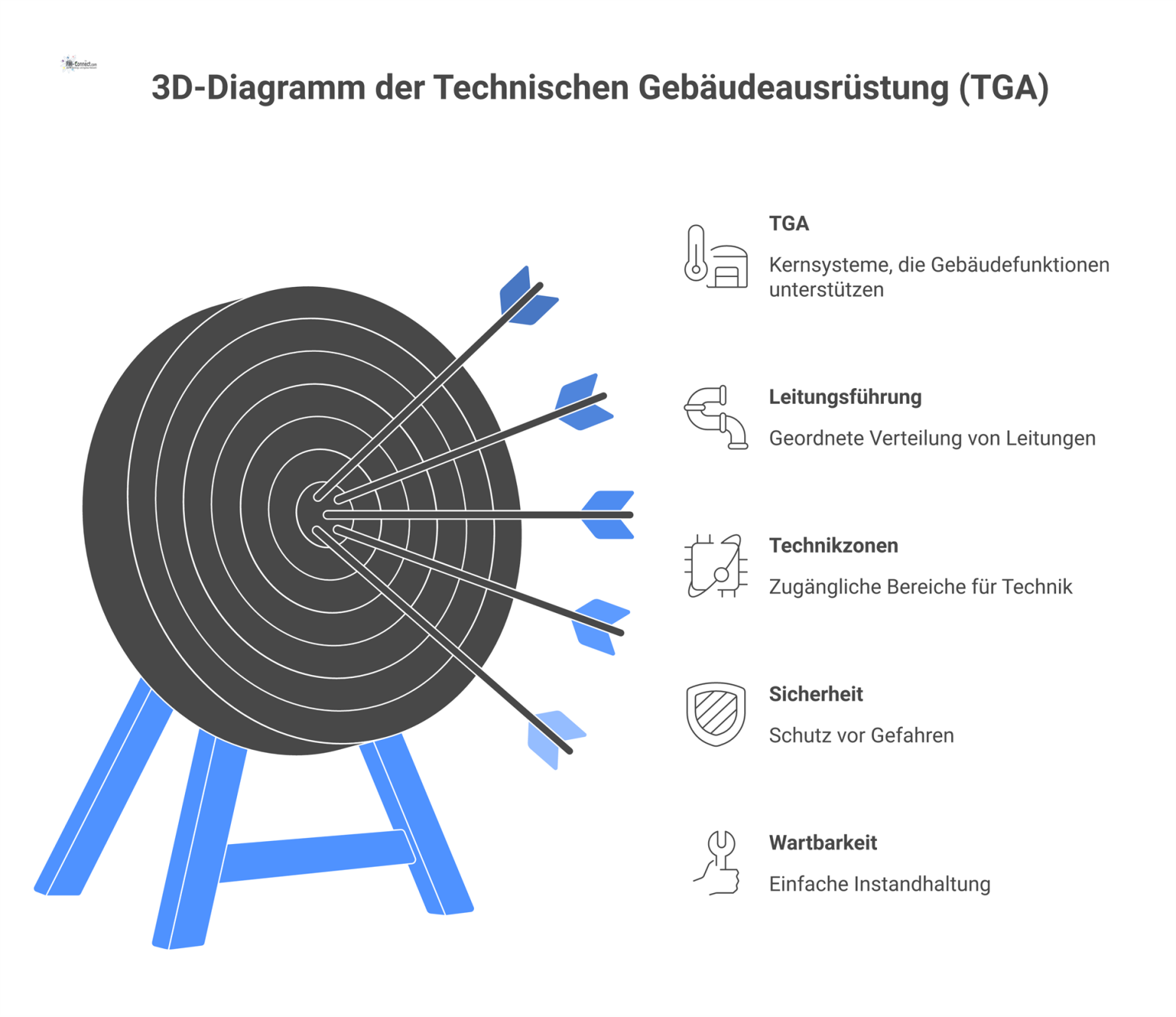 3D-Diagramm der TGA mit effizienter Leitungsführung, klar getrennten Trassen und modularen Technikzonen zur Demonstration von Sicherheit und Wartbarkeit.