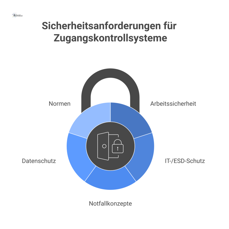 Mindmap: Sicherheitsanforderungen für Zugangskontrollsysteme Mindmap zu Sicherheitsanforderungen für Zugangskontrollsysteme mit den fünf Hauptzweigen Arbeitssicherheit, IT-Schutz, Notfallkonzepte, Datenschutz und Normen.