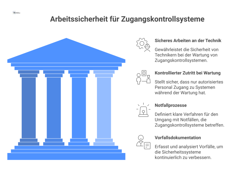 Arbeitssicherheit für Zugangskontrollsysteme Diagramm mit vier Säulen, die die Kernanforderungen der Arbeitssicherheit für Zugangskontrollsysteme darstellen: Sicheres Arbeiten, kontrollierter Zutritt, Notfallprozesse, Vorfallsdokumentation.