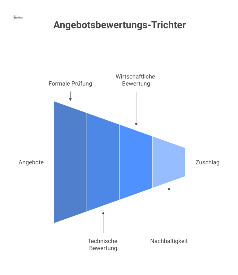 Flussdiagramm, das den Prozess der Angebotsbewertung in vier Stufen darstellt: formale, technische, wirtschaftliche Prüfung und Nachhaltigkeit. 