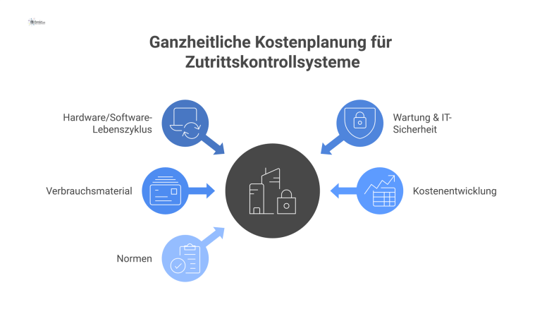 Ganzheitliche Kostenplanung für Zutrittskontrollsysteme Mindmap zur ganzheitlichen Kostenplanung für Zutrittskontrollsysteme, unterteilt in die Hauptkategorien Hardware, Wartung, Verbrauchsmaterial, Kostenentwicklung und Normen.