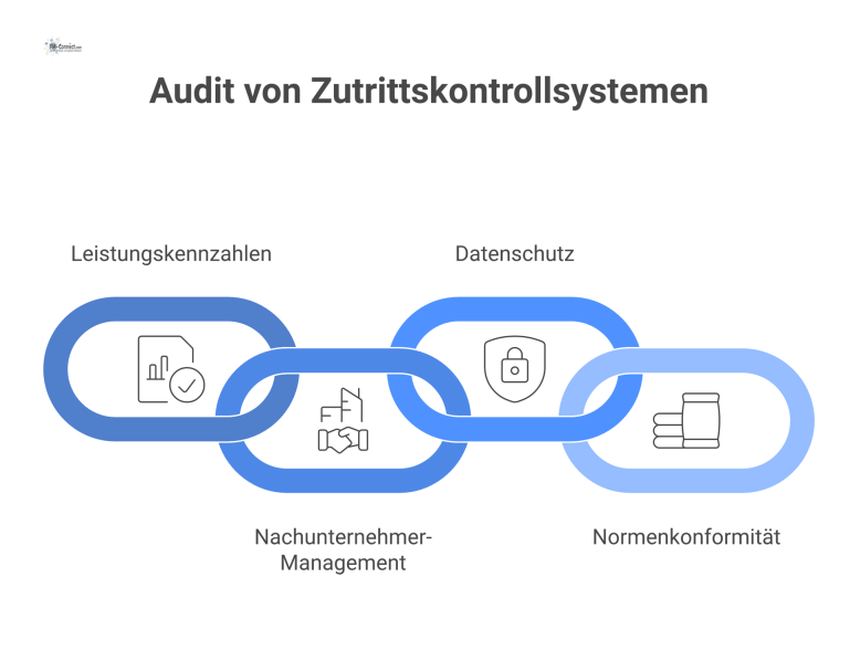 Infografik: Audit von Zutrittskontrollsystemen Infografik zeigt die vier Kernbereiche des Audits von Zutrittskontrollsystemen: Leistung, Nachunternehmer, Datenschutz und Normen, sowie einen Kreislauf.